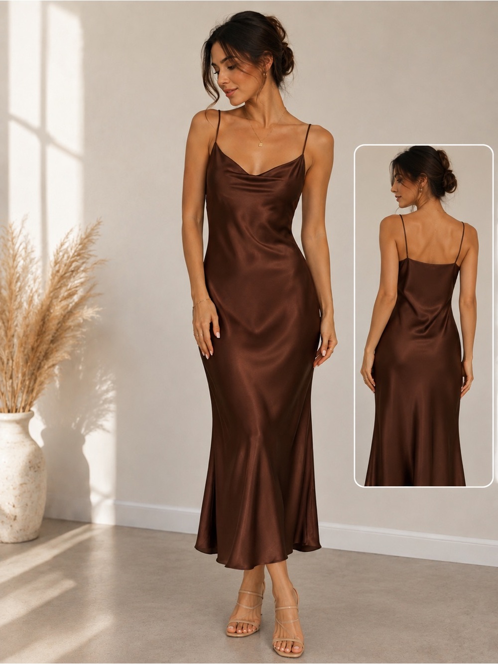 Satin Cowl Slip Dress in Brown